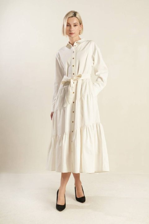 ANYTIME NOW WOVEN TWILL MIDI DRESS