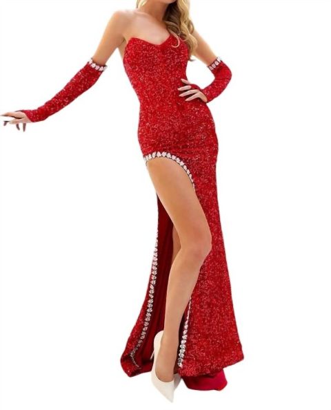 Velvet Sequins Evening Dress In Red
