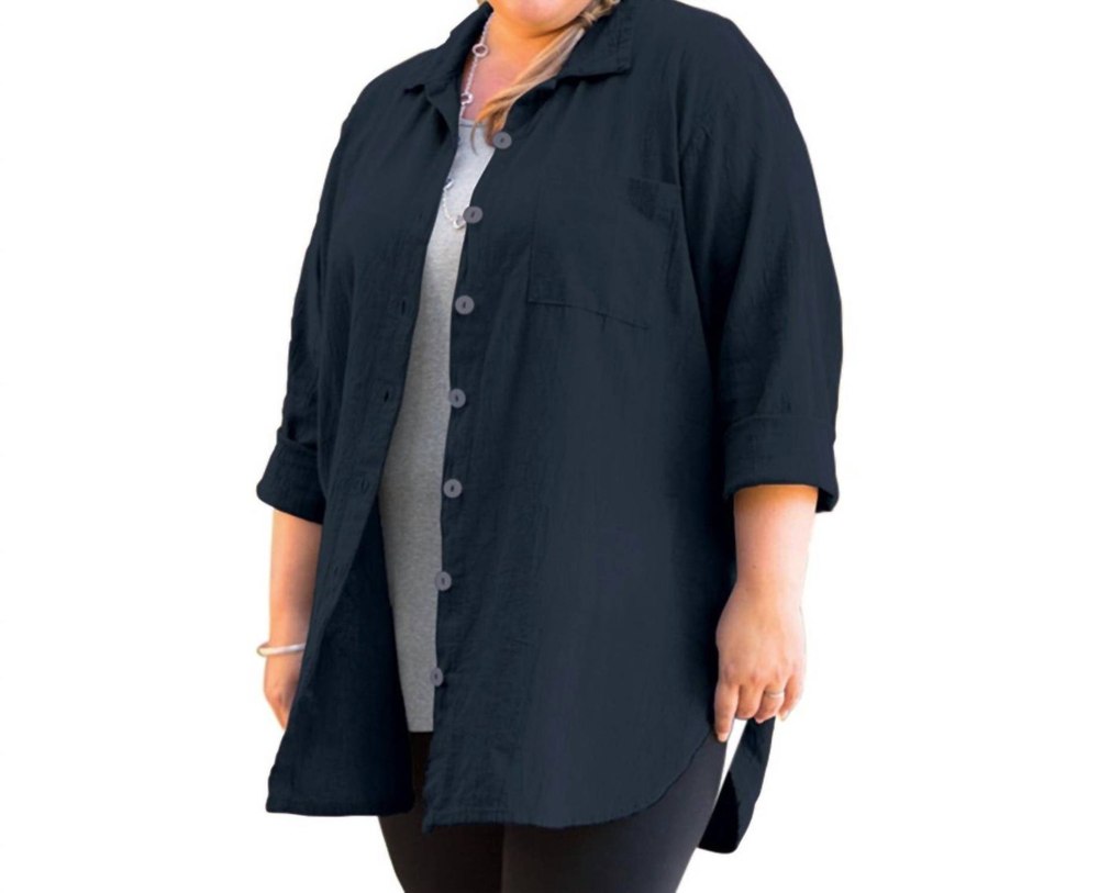 Long Sleeve Collar Button Up Shirt – Plus Size In Marine Navy