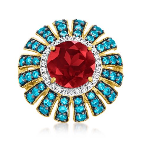 Ross-Simons Garnet and London Blue Topaz Ring With . White Zircons in 18kt Gold Over Sterling