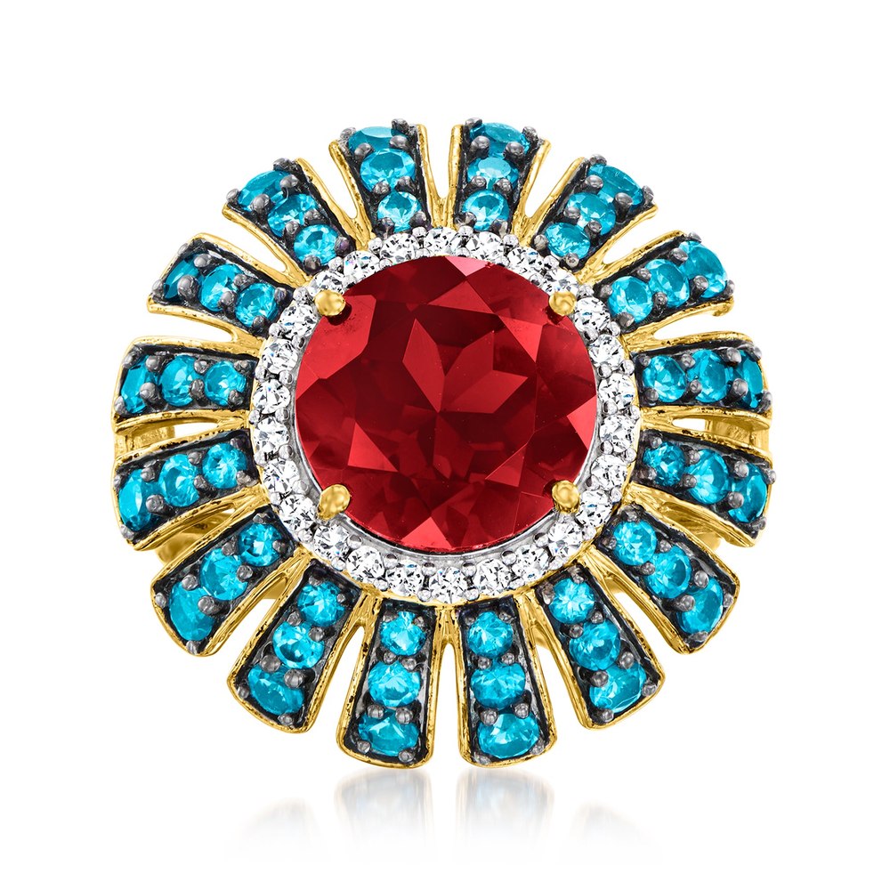 Ross-Simons Garnet and London Blue Topaz Ring With . White Zircons in 18kt Gold Over Sterling