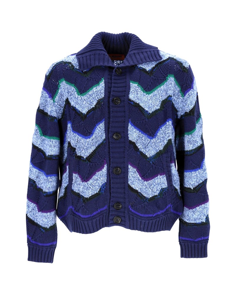 Missoni Zig Zag Collared Cardigan in Blue Wool 7748916248636