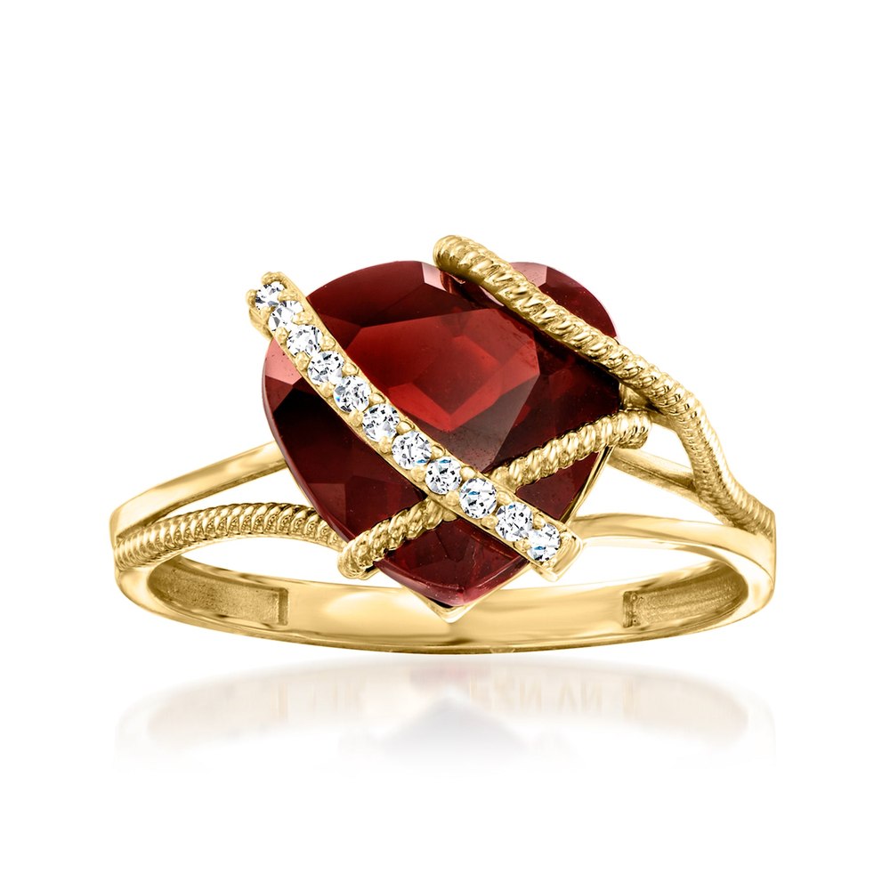 Ross-Simons Garnet Heart Ring With Diamond Accents in 14kt Yellow Gold