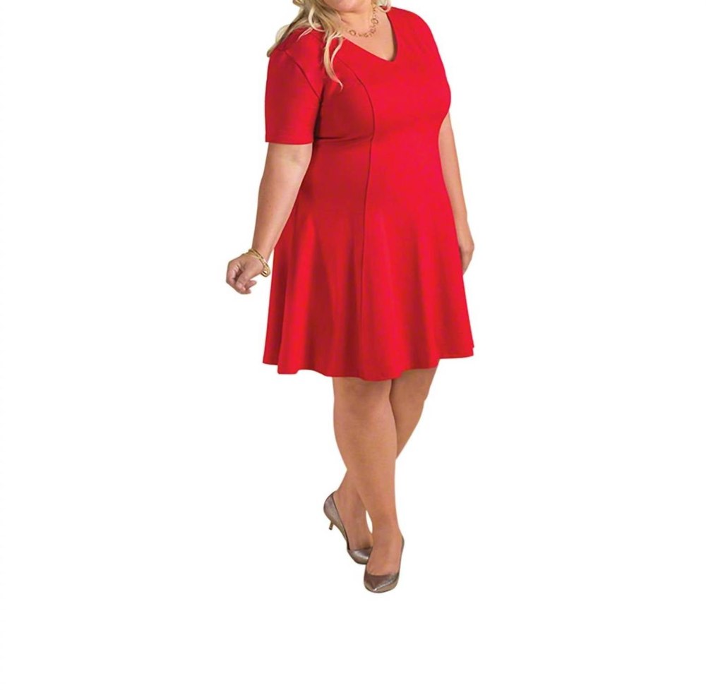 Short Sleeve V-Neck Ponte Fit And Flare Dress – Plus Size In Bright Red