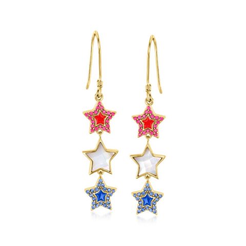 Ross-Simons Ruby, . Sapphire and Mother-Of-Pearl Star Drop Earrings With Red and Blue Enamel in 18kt Gold Over Sterling