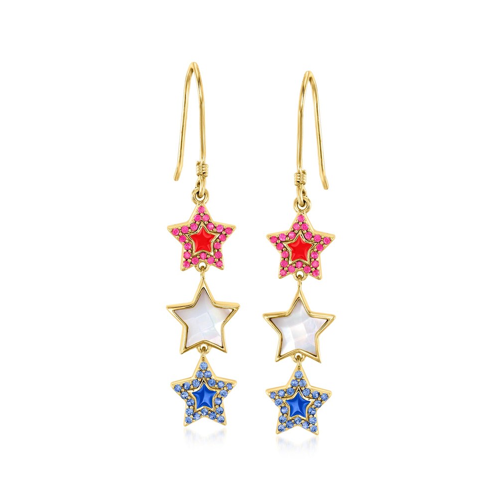 Ross-Simons Ruby, . Sapphire and Mother-Of-Pearl Star Drop Earrings With Red and Blue Enamel in 18kt Gold Over Sterling