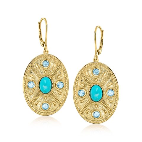 Ross-Simons Turquoise and . Sky Blue Topaz Etruscan-Style Oval Drop Earrings in 18kt Gold Over Sterling