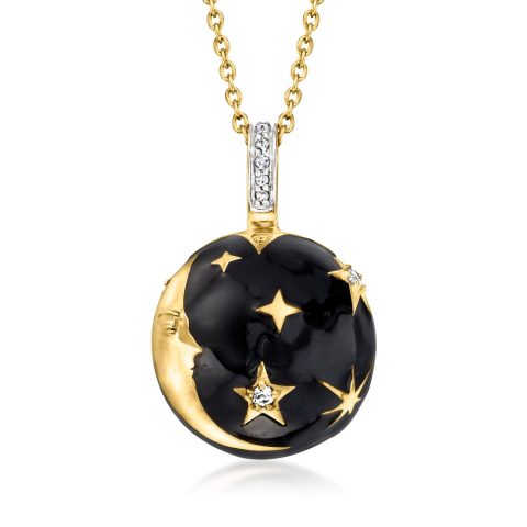 Ross-Simons Black Enamel and . White Topaz Moon and Stars Pendant Necklace in 18kt Gold Over Sterling