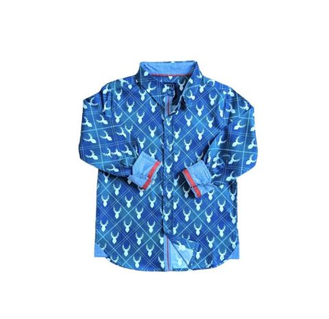 Boy’s Reindeer Plaid Long Sleeve Shirt In Blue