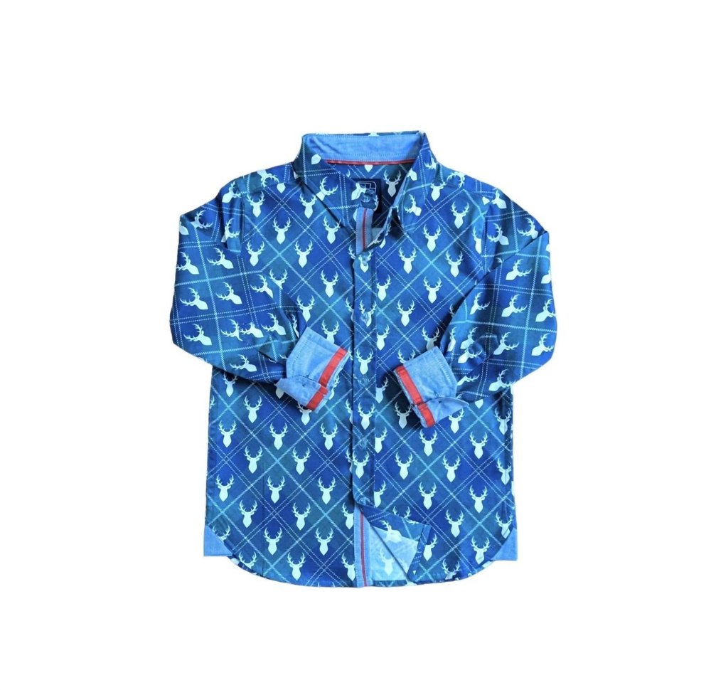 Boy’s Reindeer Plaid Long Sleeve Shirt In Blue