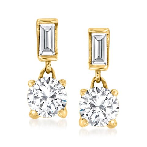 Ross-Simons Round and Baguette Diamond Earrings in 14kt Yellow Gold