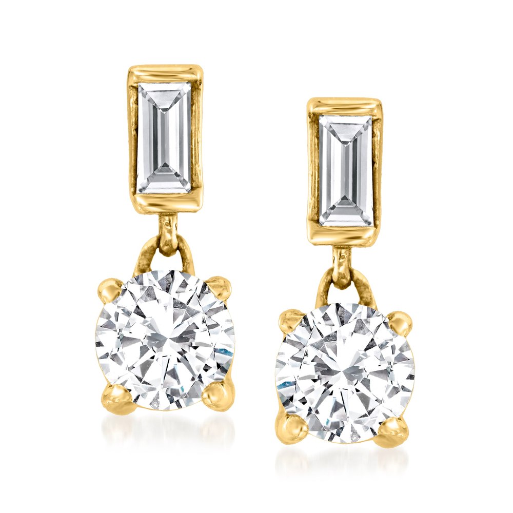 Ross-Simons Round and Baguette Diamond Earrings in 14kt Yellow Gold