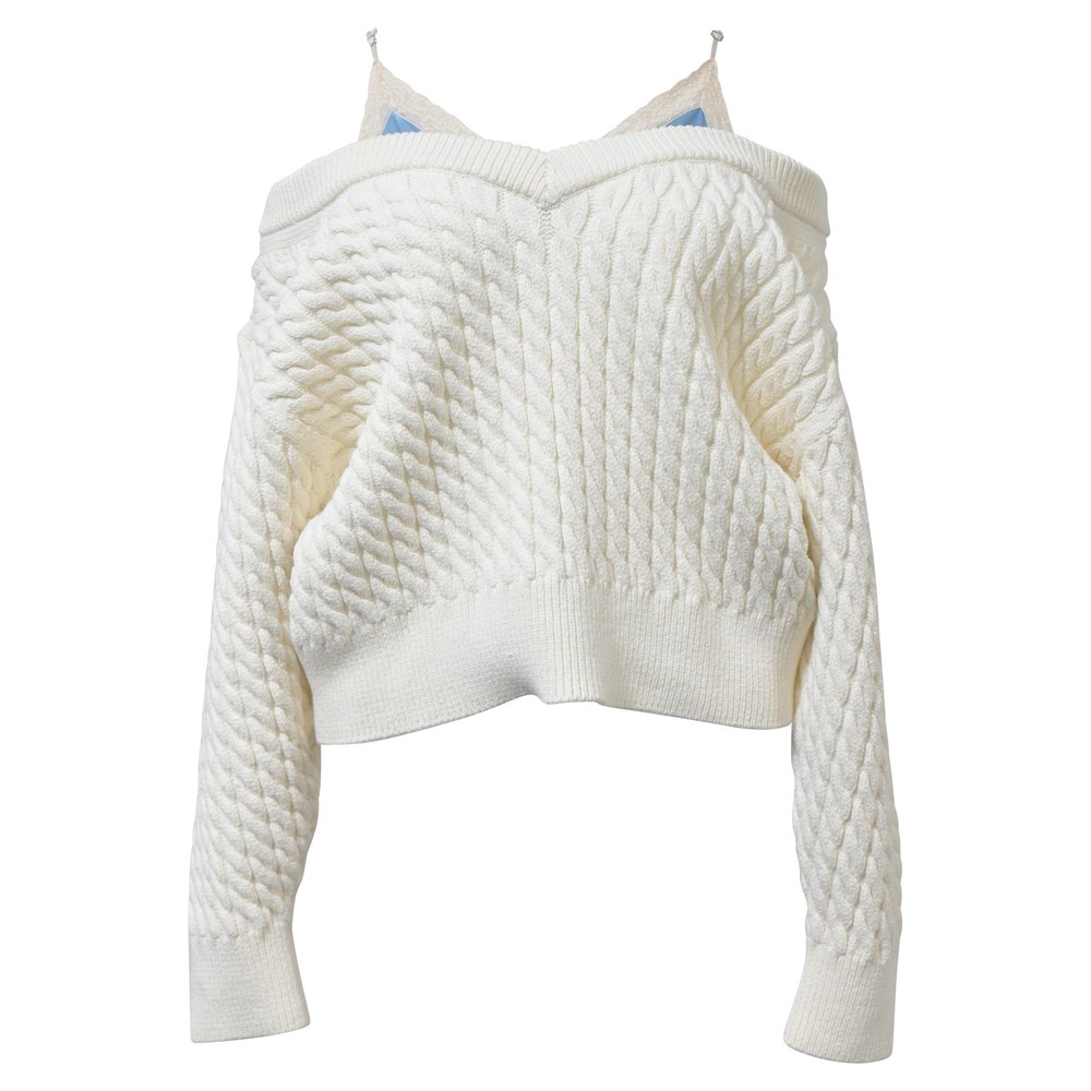 Alexander Wang.T Off-Shoulder Cable Knit Jumper in Ecru Cotton 7748924833852