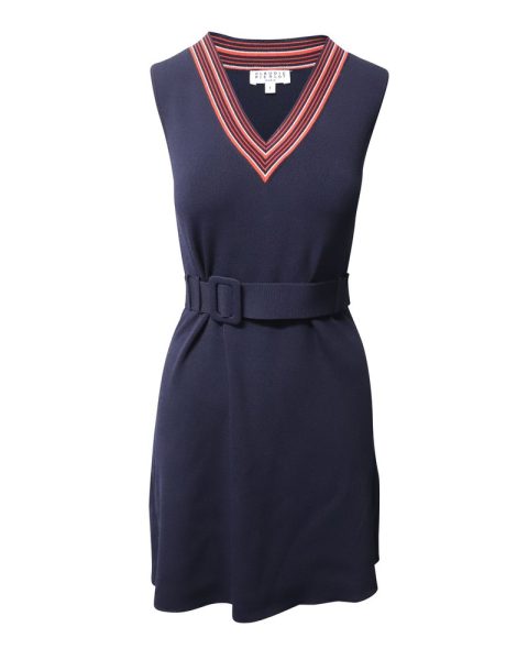 Claudie Pierlot Striped V-neck Knitted Dress in Navy Blue Viscose