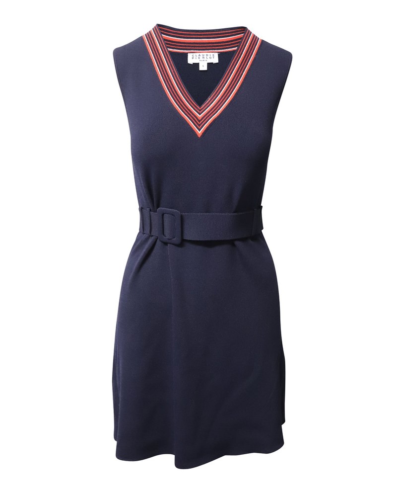 Claudie Pierlot Striped V-neck Knitted Dress in Navy Blue Viscose