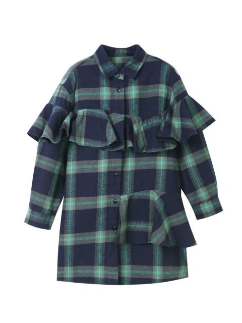 Kids Plaid Front Ruffle Dress In Navy/green