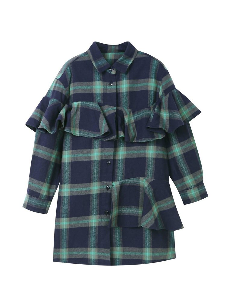 Kids Plaid Front Ruffle Dress In Navy/green