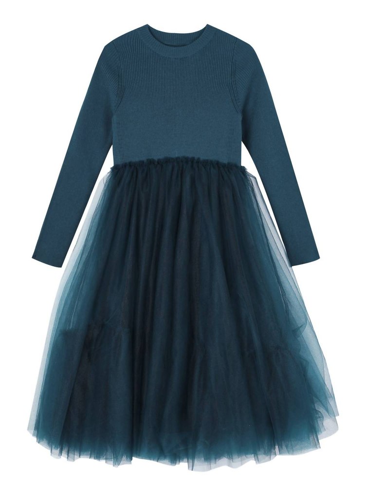 Girl’s Ribbed Sweater And Tulle Dress In Blue
