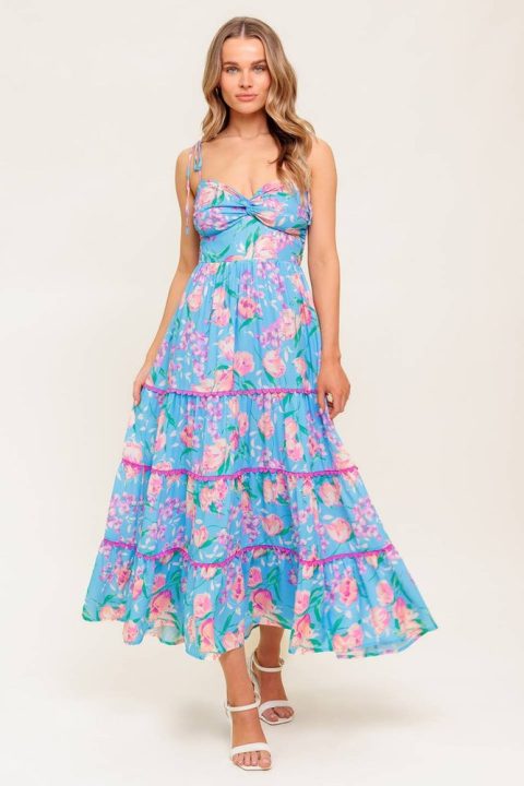 SOFT BLOOM BLUE WOVEN MIDI DRESS