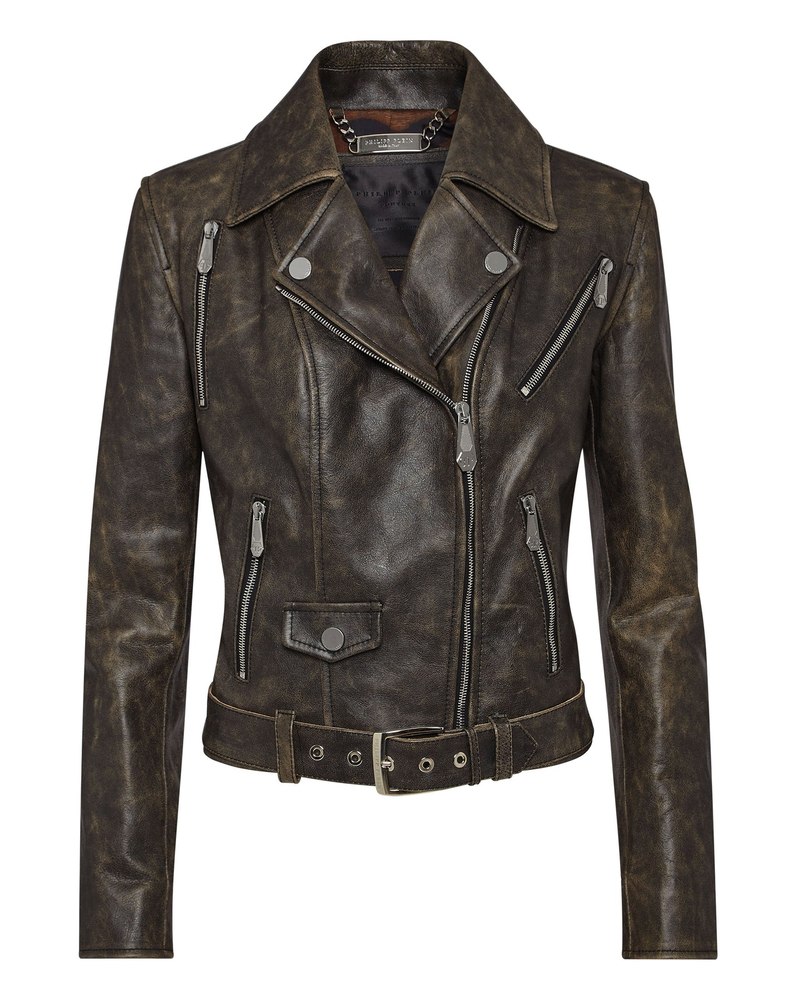 Shoulder Padded Leather Biker Jacket