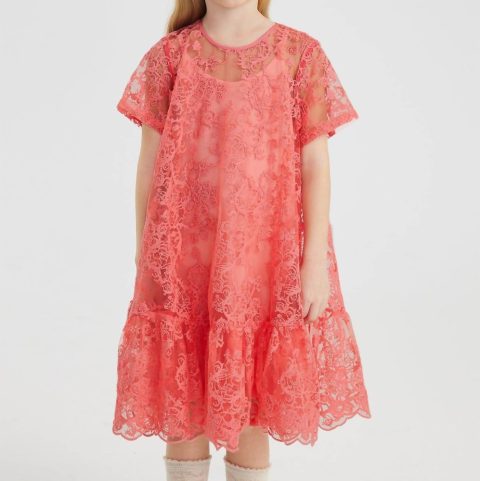 Kids Lace Ruffle Bottom Dress In Salmon