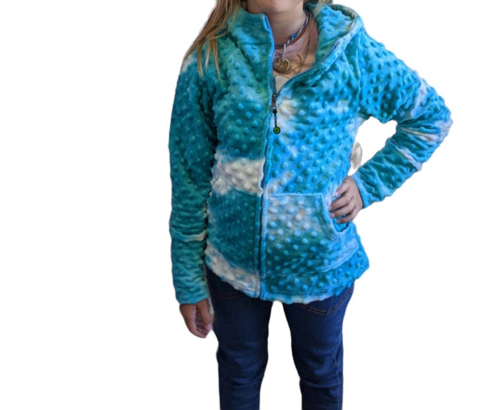 Girls Minky Bubble Hoodie In Turquoise Tie-Dye