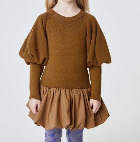 Kids Knit Puffer Sweater Dress In Brown