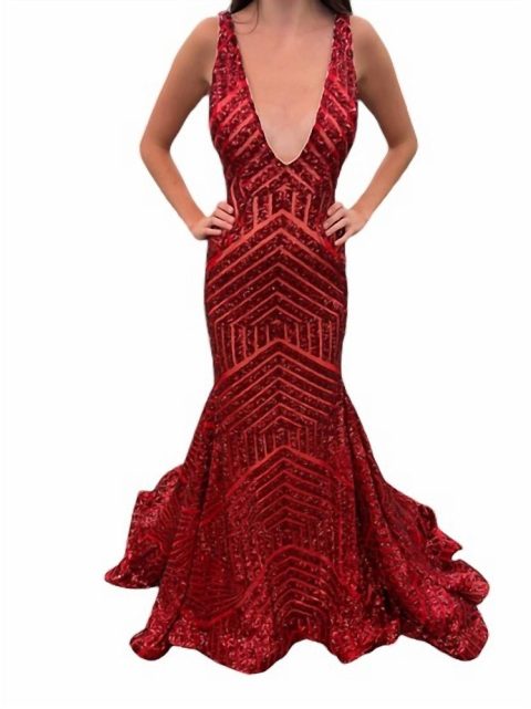 Sequin Embellished V-Neck Dress In Red