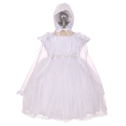RainKids Baby Girls White Sparkly Tulle Cape Bonnet Christening Dress 0-24M