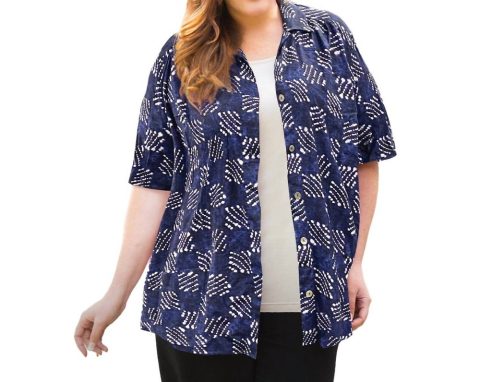 Printed Short Sleeve Collar Button Up Elaine Shirt – Plus Size In Blue Tribal