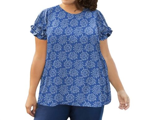 Short Sleeve Ruffle Blouse – Plus Size In Blue Globe Floral