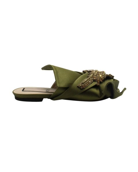N.21 Raso Knot Flat Embellished Slides in Green Satin 7764863877180