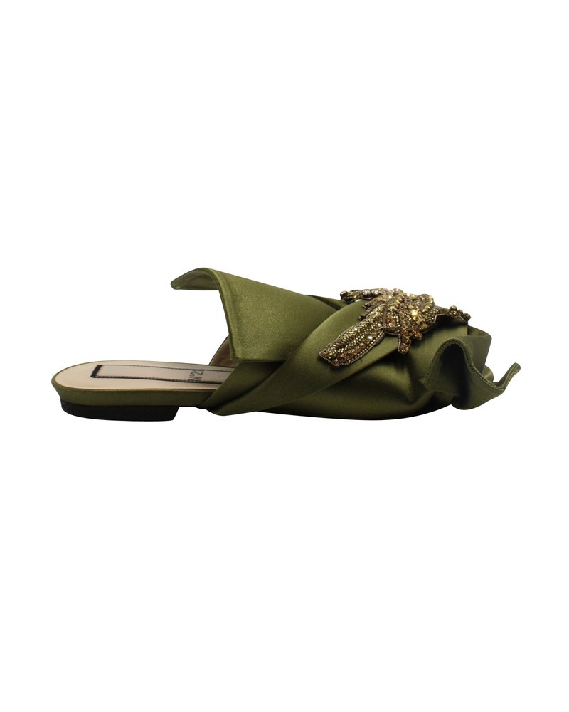 N.21 Raso Knot Flat Embellished Slides in Green Satin 7764863877180
