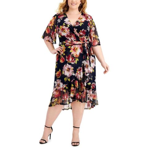 Plus Mesh Florel Wrap Dress