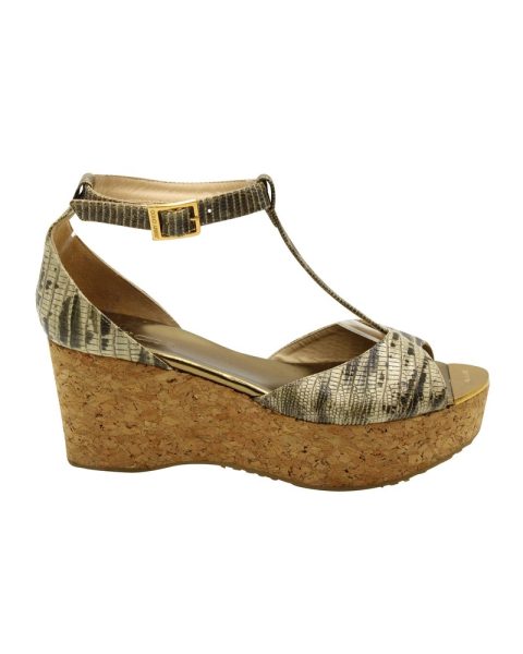 Jimmy Choo Cork Wedge Sandals with Snake Skin Print in Beige Leather 7764863942716