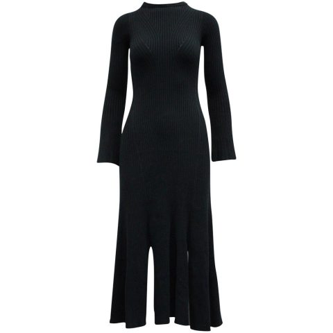 Sandro Rony Ribbed Knit Midi Dress in Navy Blue Polyamide 7764865843260