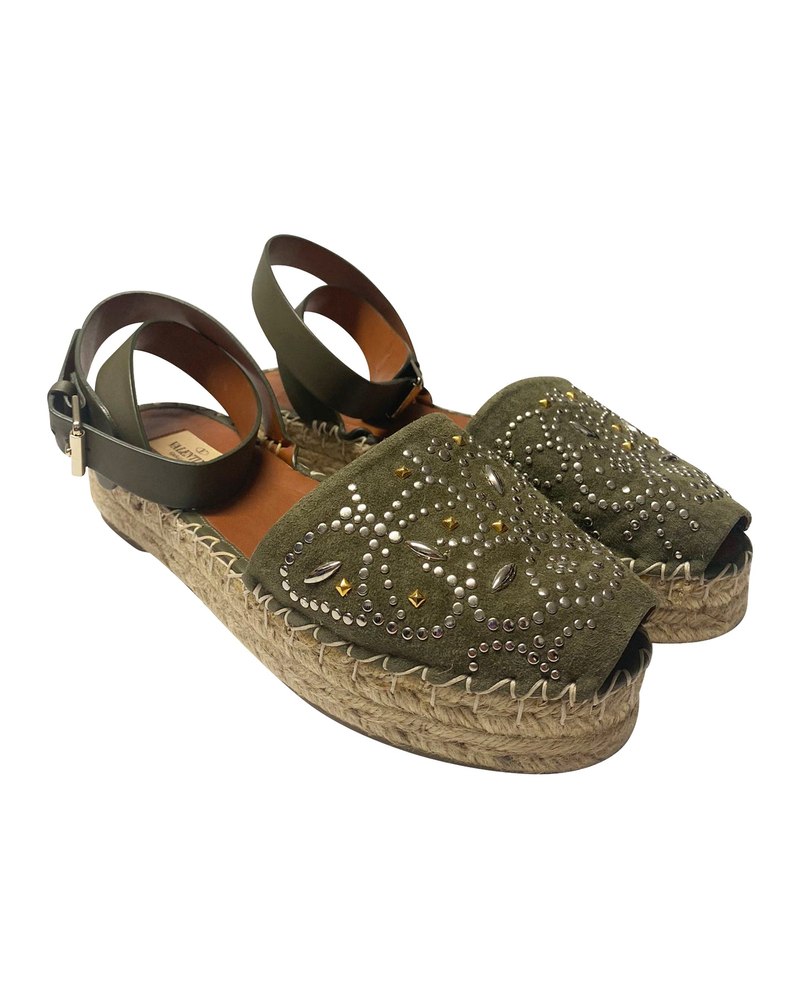 Valentino Garavani Embellished Espadrilles in Khaki Suede 7764865646652