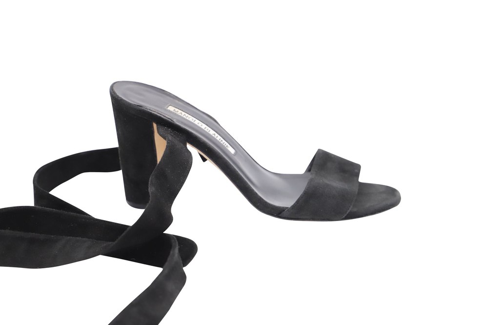 Manolo Blahnik Tondala Ankle Wrap Heels in Black Suede 7764865777724