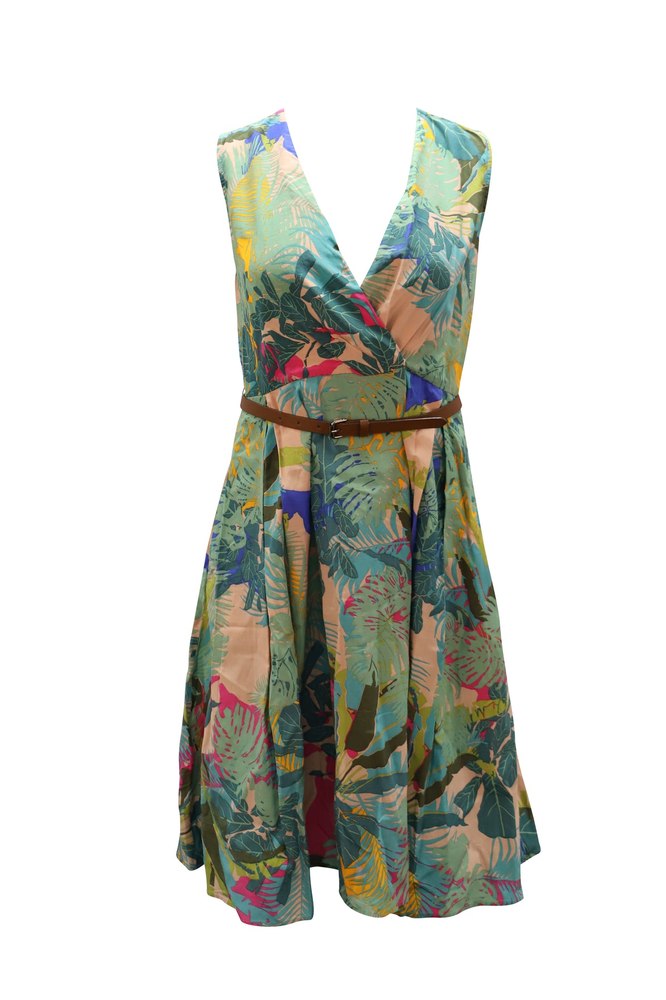 Weekend Max Mara Belted Dress in Leaf Green Print Silk Cotton 7764867416124