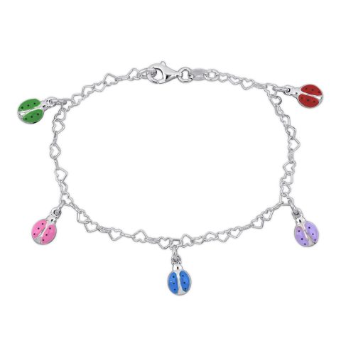 Mimi & Max Children’s Multi-Color Enamel Ladybug Charm Heart Link Chain Bracelet in Sterling Silver – 7 in