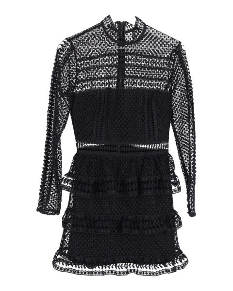 Self-Portrait Mock-Neck Lace Ruffled Mini Dress in Black Rayon