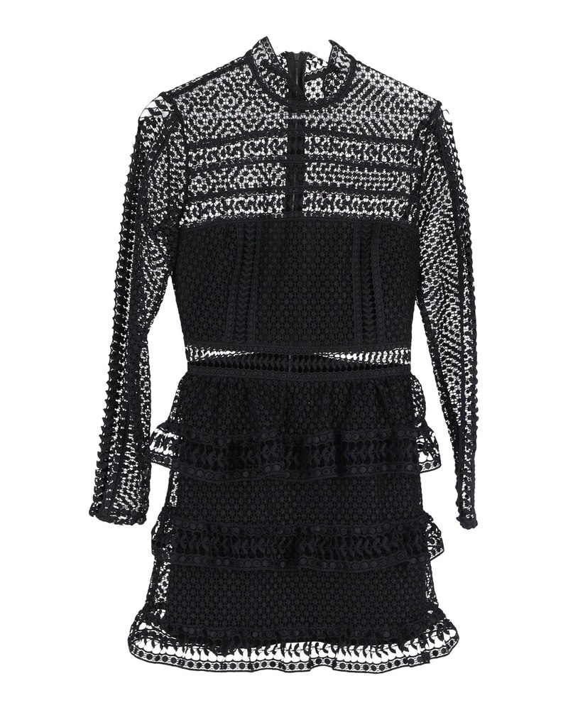 Self-Portrait Mock-Neck Lace Ruffled Mini Dress in Black Rayon