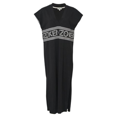 Kenzo V-neck Logo Midi Dress in Black Cotton 7764867481660