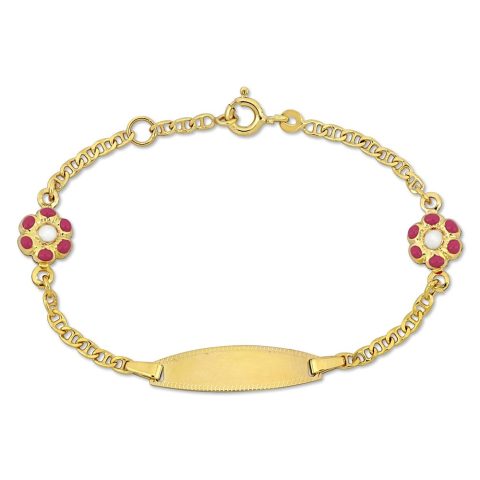 Mimi & Max Children’s White and Pink Enamel Flower Charm Link Chain Bracelet in 14k Yellow Gold – 5+0.5 in.