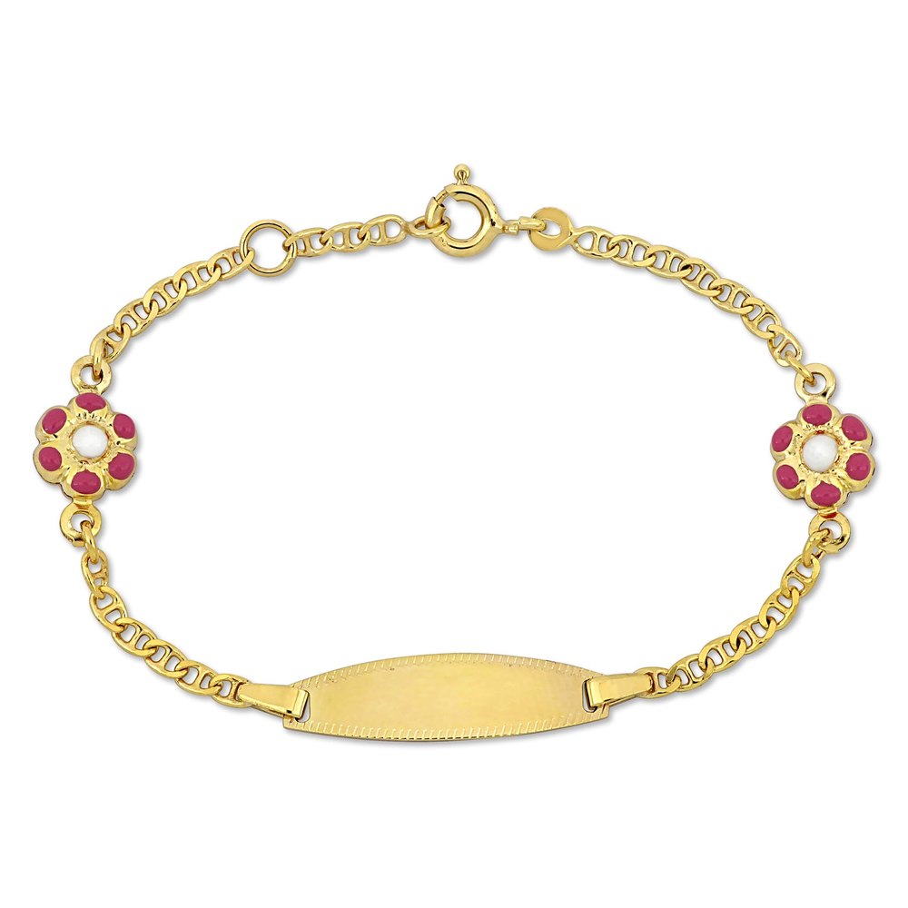 Mimi & Max Children’s White and Pink Enamel Flower Charm Link Chain Bracelet in 14k Yellow Gold – 5+0.5 in.