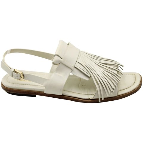 Tod’s Fringed Slingback Flat Sandals in White Leather 7764869021756