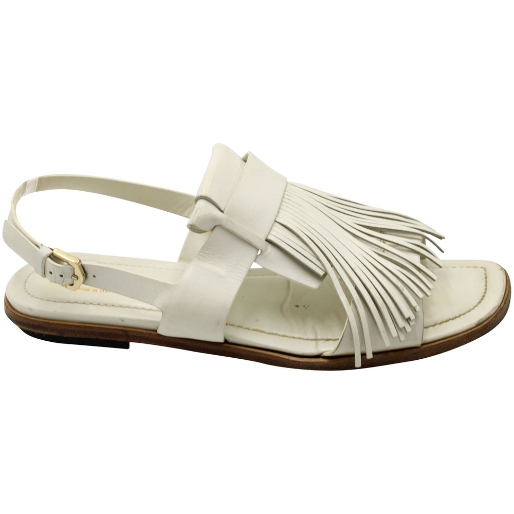 Tod’s Fringed Slingback Flat Sandals in White Leather 7764869021756