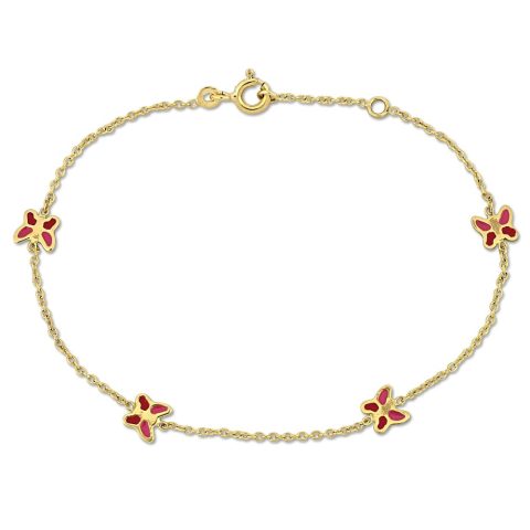Mimi & Max Children’s Pink Enamel Butterfly Charm Rolo Chain Link Bracelet in 14k Yellow Gold – 6.5+0.5 in.
