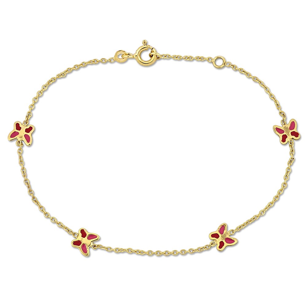 Mimi & Max Children’s Pink Enamel Butterfly Charm Rolo Chain Link Bracelet in 14k Yellow Gold – 6.5+0.5 in.