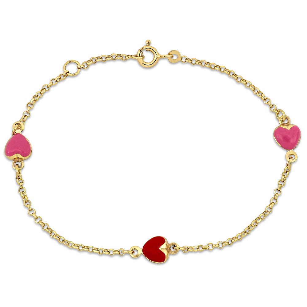 Mimi & Max Children’s Pink and Red Enamel Heart Charm Rolo Chain Link Bracelet in 14k Yellow Gold – 6.5+0.5 in.